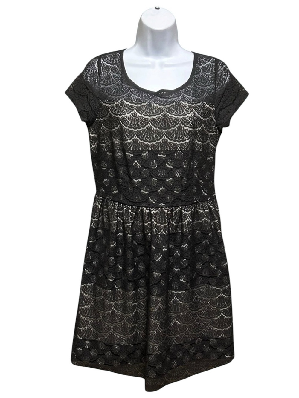 Maison Jules Black Lace Short Sleeve Mini Dress Size M Lined Fit Flare